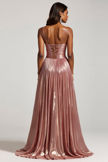Glitter Dusty Rose A Line Cut Out Spaghetti Straps Prom Dress